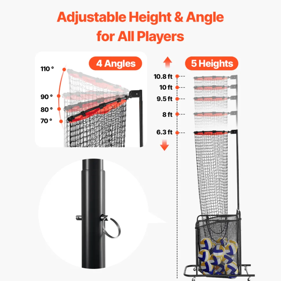 VEVOR Volleyball Setter Training Equipment, Angle and Height Adjustable Volleyball Trainer, Portable Practice Net with Cart, Wheels, Carrying Bag, Indoor Outdoor Target Net for Serving Spiking Setting