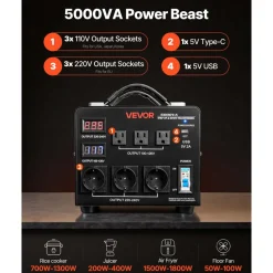 VEVOR Voltage Auto Converter Transformer, 5000VA, Heavy Duty Step Up/Down Power Transformer, 110V to 220V and 220V to 110V, with 3 US Outlets, 3 EU Outlets, LCD Display, Circuit Breaker Protection