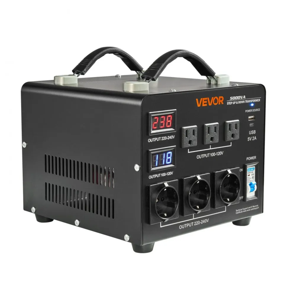 VEVOR Voltage Auto Converter Transformer, 5000VA, Heavy Duty Step Up/Down Power Transformer, 110V to 220V and 220V to 110V, with 3 US Outlets, 3 EU Outlets, LCD Display, Circuit Breaker Protection
