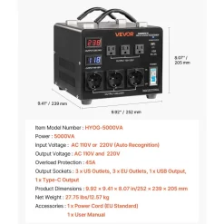 VEVOR Voltage Auto Converter Transformer, 5000VA, Heavy Duty Step Up/Down Power Transformer, 110V to 220V and 220V to 110V, with 3 US Outlets, 3 EU Outlets, LCD Display, Circuit Breaker Protection