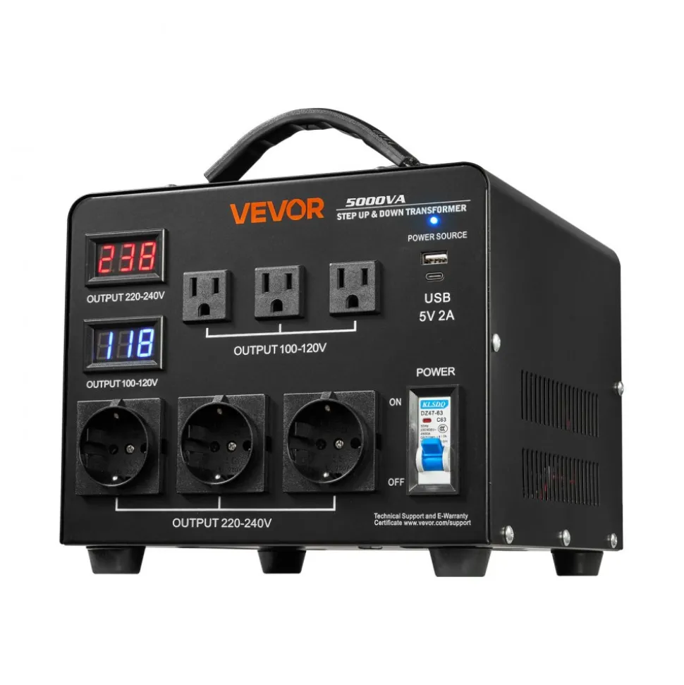 VEVOR Voltage Auto Converter Transformer, 5000VA, Heavy Duty Step Up/Down Power Transformer, 110V to 220V and 220V to 110V, with 3 US Outlets, 3 EU Outlets, LCD Display, Circuit Breaker Protection