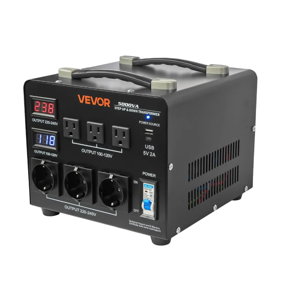 VEVOR Voltage Auto Converter Transformer, 5000VA, Heavy Duty Step Up/Down Power Transformer, 110V to 220V and 220V to 110V, with 3 US Outlets, 3 EU Outlets, LCD Display, Circuit Breaker Protection
