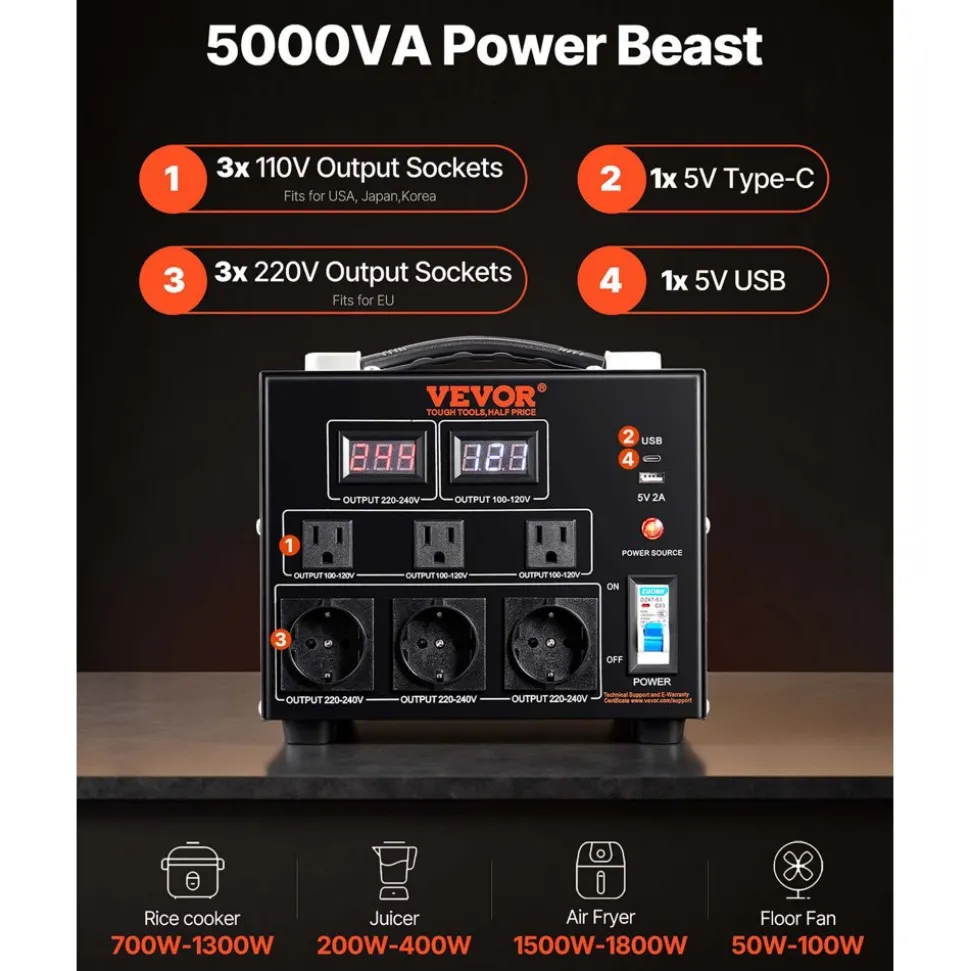 VEVOR Voltage Converter Transformer, 5000W, Heavy Duty Step Up/Down Transformer, Convert from 110 Volt to 220 Volt and from 220 Volt to 110 Volt, with US Outlet EU Outlet 5V USB Port, CE Certified