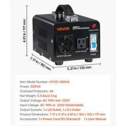 VEVOR Voltage Converter Transformer, 1000VA, Heavy Duty Step Up/Down Power Transformer, Convert from 110V to 220V and 220V to 110V, with US Outlets, EU Outlets, Power Cord, Circuit Breaker Protection