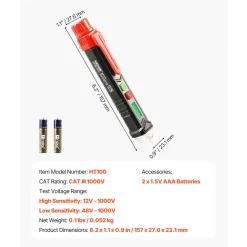 VEVOR Voltage Tester, Non-Contact Voltage Detector with Adjustable Sensitivity, Dual Range AC 12V-1000V/48V-1000V Live & Null Wire Tester Pen with Visual and Audible Alarms, CAT III 1000V Rating