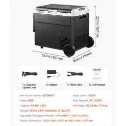 VEVOR 12 Volt Car Refrigerator, 63.4QT/60L Car Fridge, Portable Electric Cooler with Wheels and Handle, -4℉~68℉, 12/24V DC and 100- 240V AC Compressor Freezer for Outdoor, Camping, Travel, RV