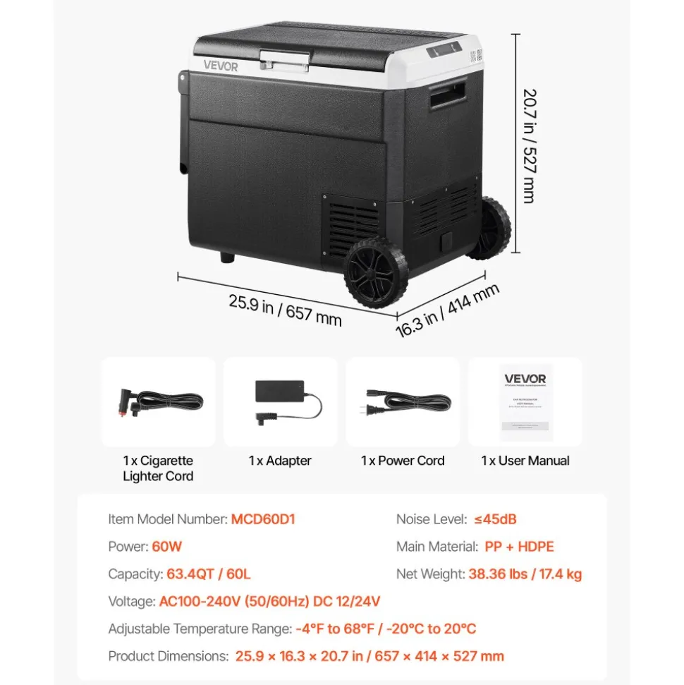 VEVOR 12 Volt Car Refrigerator, 63.4QT/60L Car Fridge, Portable Electric Cooler with Wheels and Handle, -4℉~68℉, 12/24V DC and 100- 240V AC Compressor Freezer for Outdoor, Camping, Travel, RV
