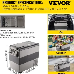 VEVOR 12 Volt Refrigerator, 58 Qt Car Refrigerator, Dual Zone Portable Freezer, Cooler Compressor Freezer with 12/24V DC and 110-240V AC, Freezer Fridge Cooler, for Car, Truck RV, Camping and Home Use