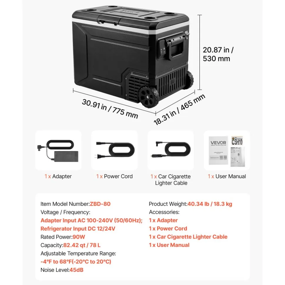 VEVOR 12 Volt Refrigerator, 82.4 QT/ 78L Car Fridge, Portable Electric Freezer Compressor with Handle, APP Control and Wheel, 12V/24V DC 100-240V AC, -4℉ to 68℉, for Truck Van RV SUV Travel Camping