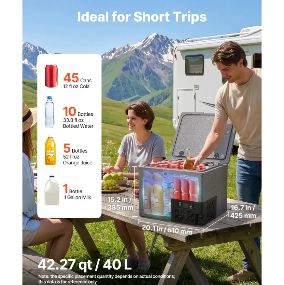 VEVOR 12 Volt Refrigerator, 42.3 QT/ 40L Car Fridge, Portable Ultra-Light EPP Freezer, APP Control Electric Compressor, 12V/24V DC, 14℉ to 50℉, for Truck Van RV SUV Boat Travel Camping