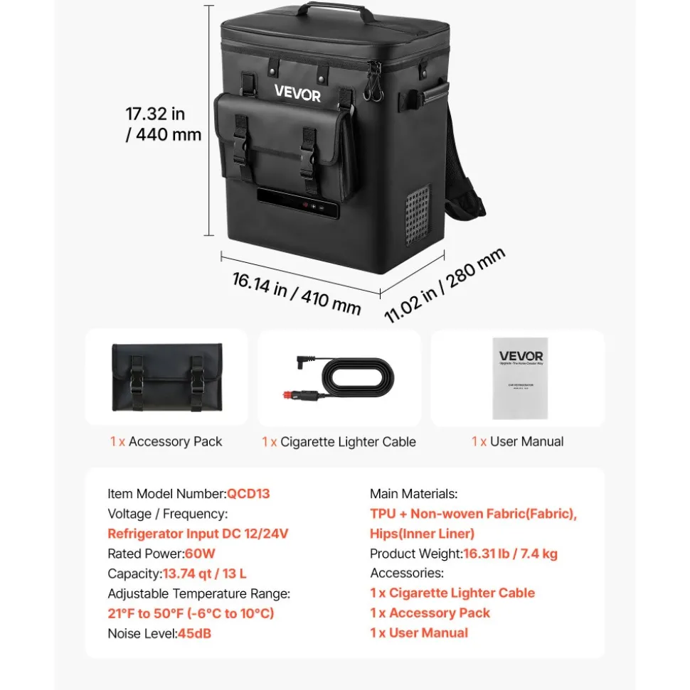 VEVOR 12 Volt Refrigerator, 13.7 QT/ 13L Car Fridge, Portable Electric Freezer Compressor, 12V/24V DC, 21℉ to 50℉/ -6℃ to 10℃, for Truck Van RV SUV Boat Travel Camping Road Trips