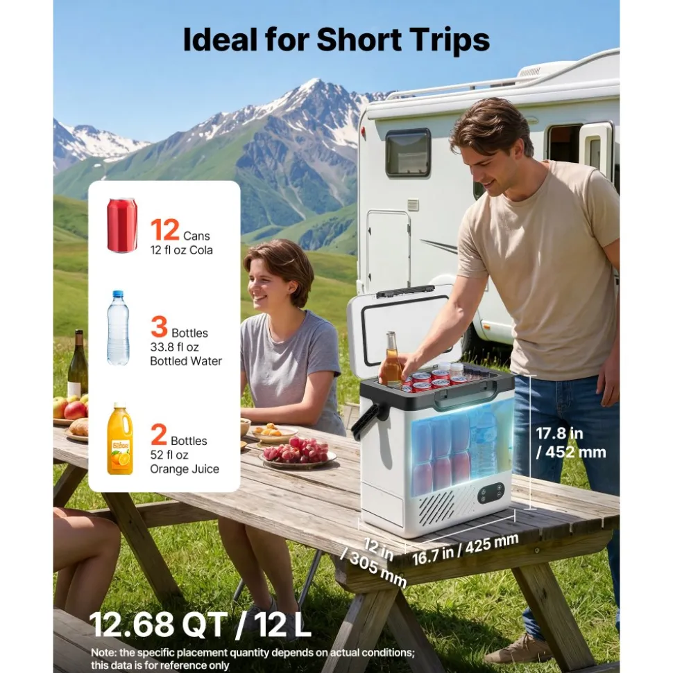 VEVOR 12 Volt Refrigerator, 12.68 QT/ 12L Car Fridge, Portable Electric Freezer Compressor with Handle, 12V/24V DC 100-240V AC, -4°F to 68℉/-20℃ to 20℃, for Truck Van RV SUV Boat Travel Camping