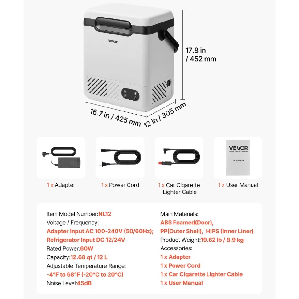 VEVOR 12 Volt Refrigerator, 12.68 QT/ 12L Car Fridge, Portable Electric Freezer Compressor with Handle, 12V/24V DC 100-240V AC, -4°F to 68℉/-20℃ to 20℃, for Truck Van RV SUV Boat Travel Camping
