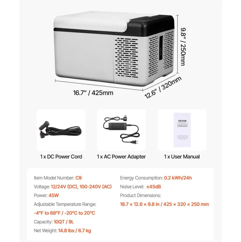 VEVOR 12 Volt Refrigerator 10 Qt, Portable Mini Freezer (-4℉~68℉) with APP Control Car Compressor Fridge Cooler 12V/24V DC and 110-220V AC For Camping, Road Trip, Travel, Outdoor and Home