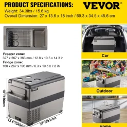 VEVOR 12 Volt Refrigerator, 48 Quart (45L) Fast Cooling Portable Freezer with App Control (-4℉~68℉), Car Fridge with 12/24v DC & 110-240v AC for Travel, Truck, Camping and Home Use, Black