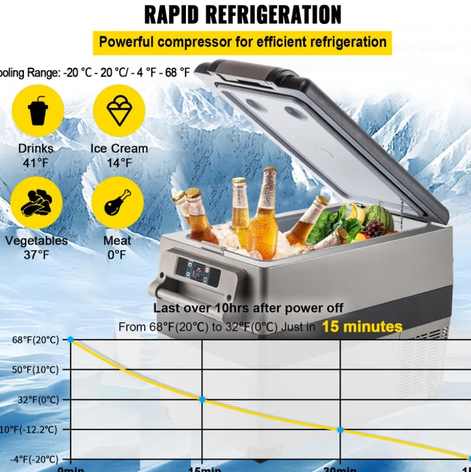 VEVOR 12 Volt Refrigerator, 48 Quart (45L) Fast Cooling Portable Freezer with App Control (-4℉~68℉), Car Fridge with 12/24v DC & 110-240v AC for Travel, Truck, Camping and Home Use, Black