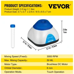 VEVOR Vortex Mixer, 3000RPM Mini Vortex Mixer Shaker, Touch Function Scientific Lab Vortex Shaker, Mix Up to 50ML, 6mm Orbital Diameter for Test Tube, Tattoo Ink, Nail Polish, Eyelash Adhesives, Paint