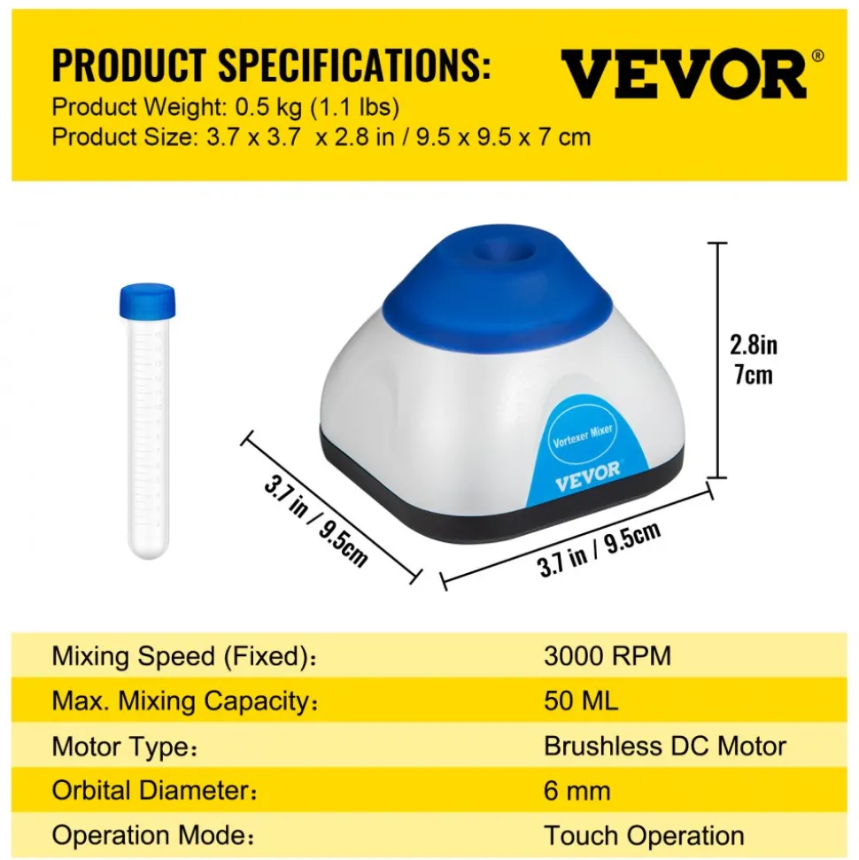 VEVOR Vortex Mixer, 3000RPM Mini Vortex Mixer Shaker, Touch Function Scientific Lab Vortex Shaker, Mix Up to 50ML, 6mm Orbital Diameter for Test Tube, Tattoo Ink, Nail Polish, Eyelash Adhesives, Paint