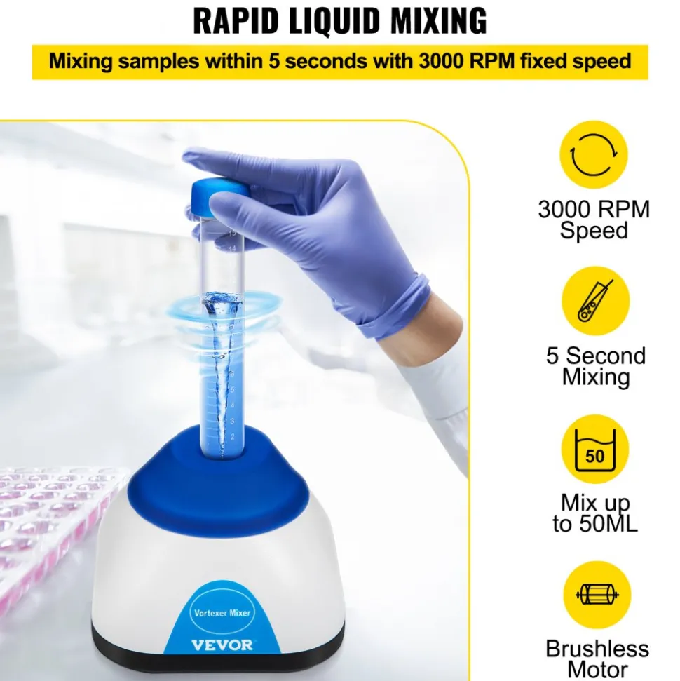 VEVOR Vortex Mixer, 3000RPM Mini Vortex Mixer Shaker, Touch Function Scientific Lab Vortex Shaker, Mix Up to 50ML, 6mm Orbital Diameter for Test Tube, Tattoo Ink, Nail Polish, Eyelash Adhesives, Paint