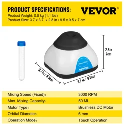 VEVOR Vortex Mixer, 3000RPM Mini Vortex Mixer Shaker, Touch Function Scientific Lab Vortex Shaker, Mix Up to 50ML, 6mm Orbital Diameter for Test Tube, Tattoo Ink, Nail Polish, Eyelash Adhesives, Paint