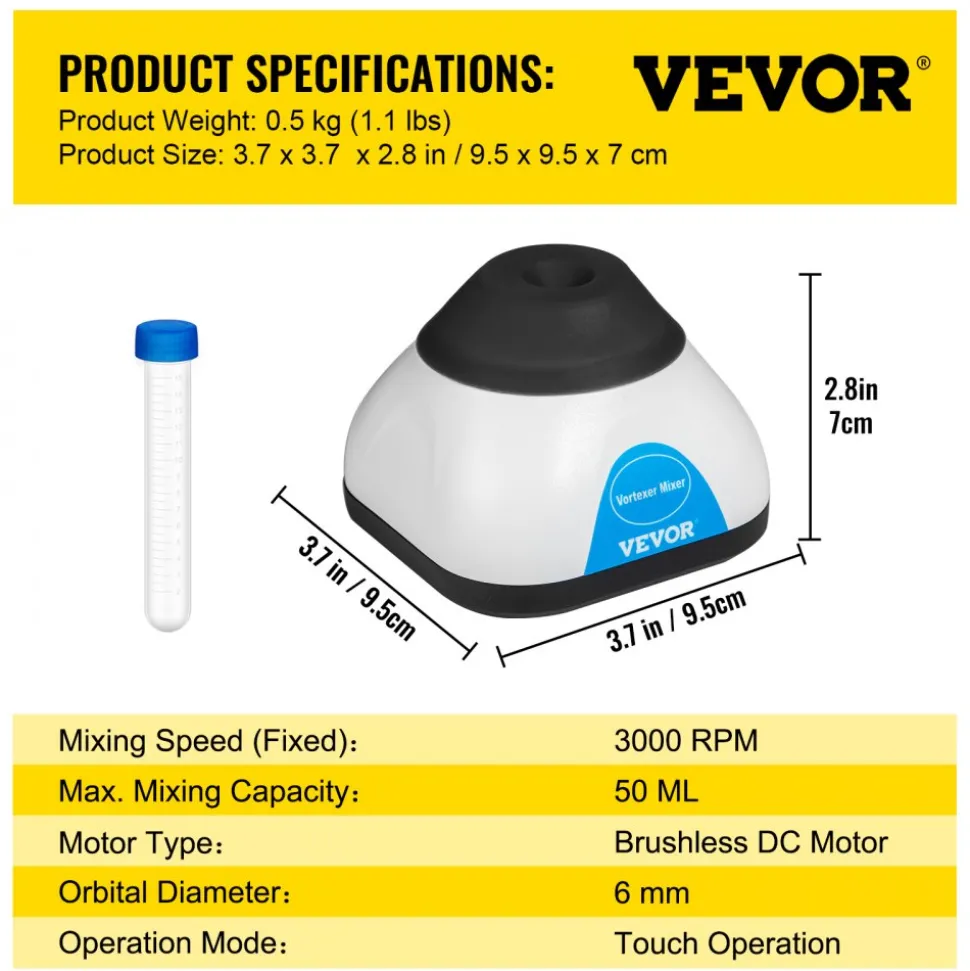 VEVOR Vortex Mixer, 3000RPM Mini Vortex Mixer Shaker, Touch Function Scientific Lab Vortex Shaker, Mix Up to 50ML, 6mm Orbital Diameter for Test Tube, Tattoo Ink, Nail Polish, Eyelash Adhesives, Paint