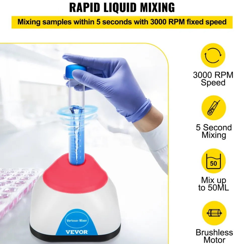 VEVOR Vortex Mixer, 3000rpm Mini Vortex Mixer Shaker, Touch Function Scientific Lab Vortex Shaker, Mix Up to 50ml, 6mm Orbital Diameter for Test Tube, Tattoo Ink, Nail Polish, Eyelash Adhesives, Paint