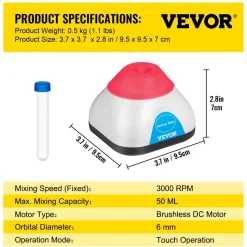 VEVOR Vortex Mixer, 3000rpm Mini Vortex Mixer Shaker, Touch Function Scientific Lab Vortex Shaker, Mix Up to 50ml, 6mm Orbital Diameter for Test Tube, Tattoo Ink, Nail Polish, Eyelash Adhesives, Paint