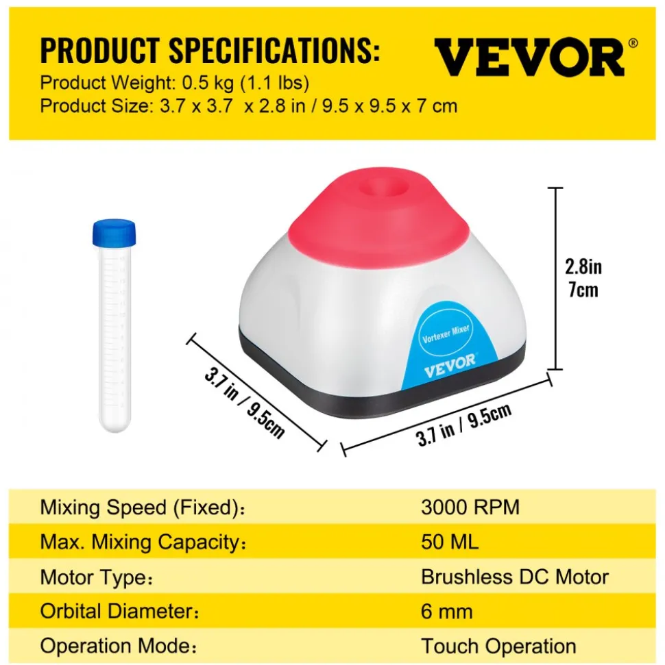 VEVOR Vortex Mixer, 3000rpm Mini Vortex Mixer Shaker, Touch Function Scientific Lab Vortex Shaker, Mix Up to 50ml, 6mm Orbital Diameter for Test Tube, Tattoo Ink, Nail Polish, Eyelash Adhesives, Paint