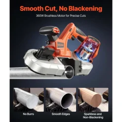 VEVOR 20V Portable Band Saw, 2.56-Inch Deep Cut, 360W Bandsaw with Brushless Motor, Cordless and Compact Portaband, Hang Hooks, 0-192 m/min Variable Speed, for Cutting Metal, Wood (Bare Tool Only)