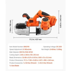 VEVOR 20V Portable Band Saw, 2.56-Inch Deep Cut, 360W Bandsaw with Brushless Motor, Cordless and Compact Portaband, Hang Hooks, 0-192 m/min Variable Speed, for Cutting Metal, Wood (Bare Tool Only)