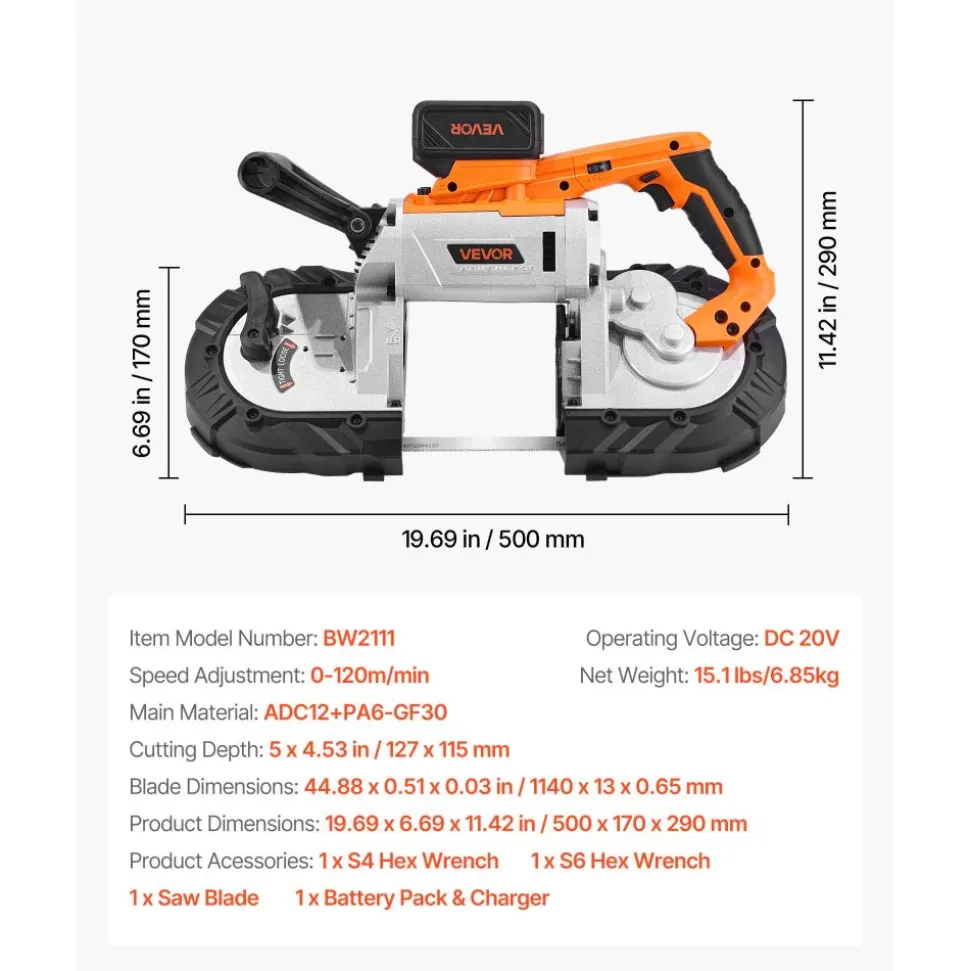 VEVOR 20V Portable Band Saw Kit, 5 Inches Deep Cut, AC 110V, 360W Bandsaw with Brushless Motor, 4.0 Ah Battery, Cordless and Compact Portaband, 0-120 m/min Variable Speed, for Cutting Metal, Wood