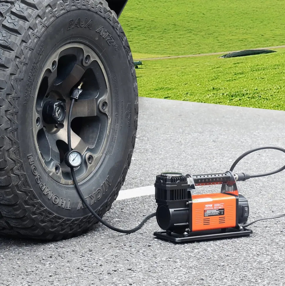 VEVOR 12V Portable Tire Inflator, 7.06CFM Heavy Duty Air Compressor, 150PSI Offroad Air Pump with Adapters for Car SUV RV Truck - Include 6.5FT Power Cord, 26FT Air Hose with Pressure Gauge, Carry Bag
