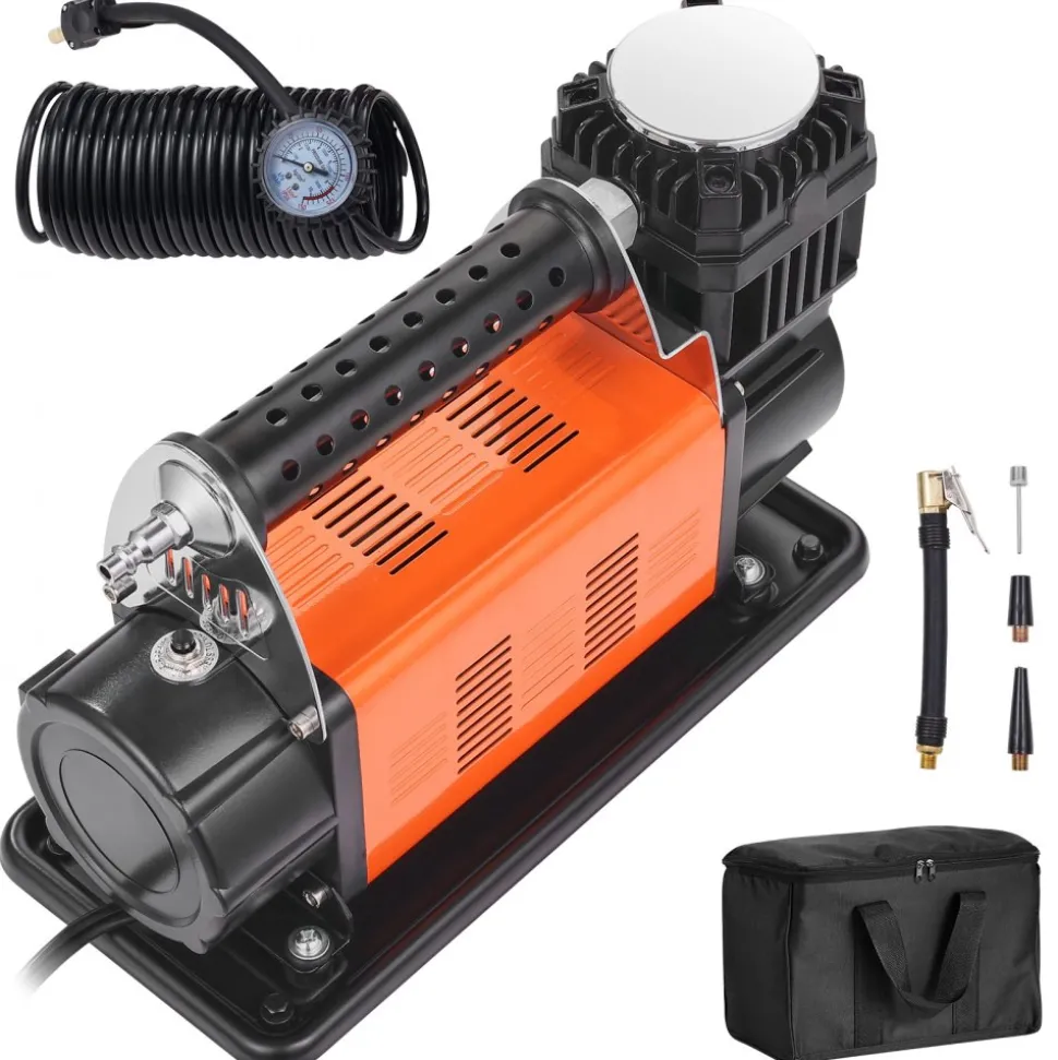 VEVOR 12V Portable Tire Inflator, 7.06CFM Heavy Duty Air Compressor, 150PSI Offroad Air Pump with Adapters for Car SUV RV Truck - Include 6.5FT Power Cord, 26FT Air Hose with Pressure Gauge, Carry Bag