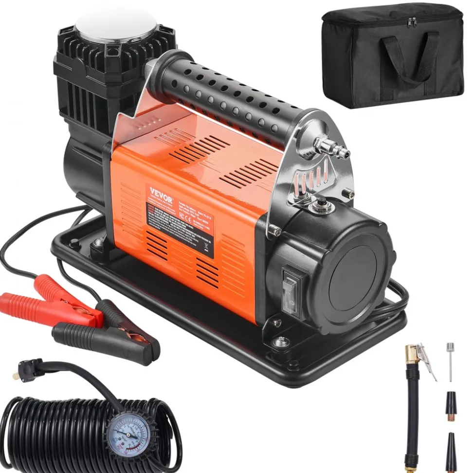 VEVOR 12V Portable Tire Inflator, 7.06CFM Heavy Duty Air Compressor, 150PSI Offroad Air Pump with Adapters for Car SUV RV Truck - Include 6.5FT Power Cord, 26FT Air Hose with Pressure Gauge, Carry Bag