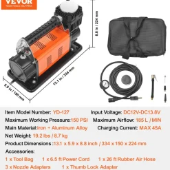 VEVOR 12V Portable Tire Inflator, 7.06CFM Heavy Duty Air Compressor, 150PSI Offroad Air Pump with Adapters for Car SUV RV Truck - Include 6.5FT Power Cord, 26FT Air Hose with Pressure Gauge, Carry Bag