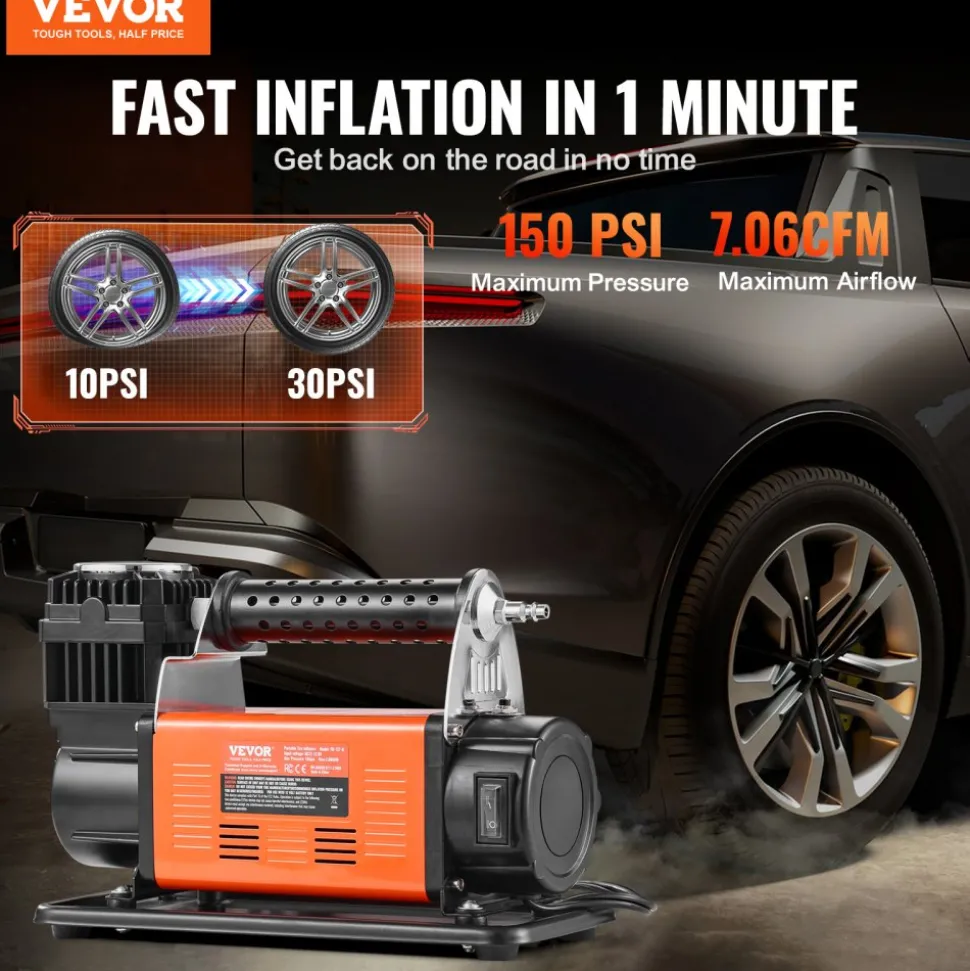 VEVOR 12V Portable Tire Inflator, 7.06CFM Heavy Duty Air Compressor, 150PSI Offroad Air Pump with Adapters for Car SUV RV Truck - Include 6.5FT Power Cord, 26FT Air Hose with Pressure Gauge, Carry Bag