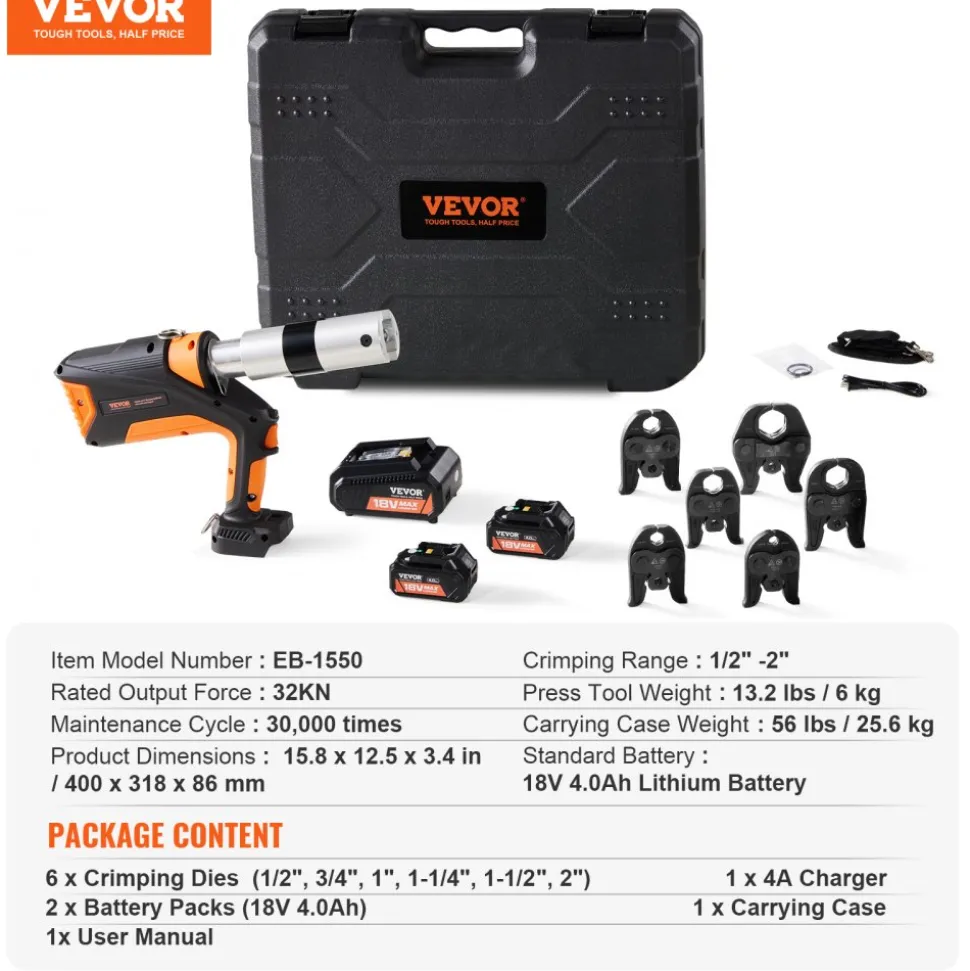 VEVOR 18V Press Tool, 32KN Electric Pipe Crimping Tool for 1/2" to 2" Copper Pipes, 360° Rotation Automatic Crimper with Brushless Motor & 6 Jaws - Compatible with ProPress