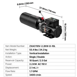 VEVOR 110V 10 Quart Hydraulic Power Unit, 2.2KW Automotive Hydraulic Pump for Dump Trailers, Auto Shop Car Lift Power Unit for Two and Four-Post Auto Hoists (Vertical Installation)