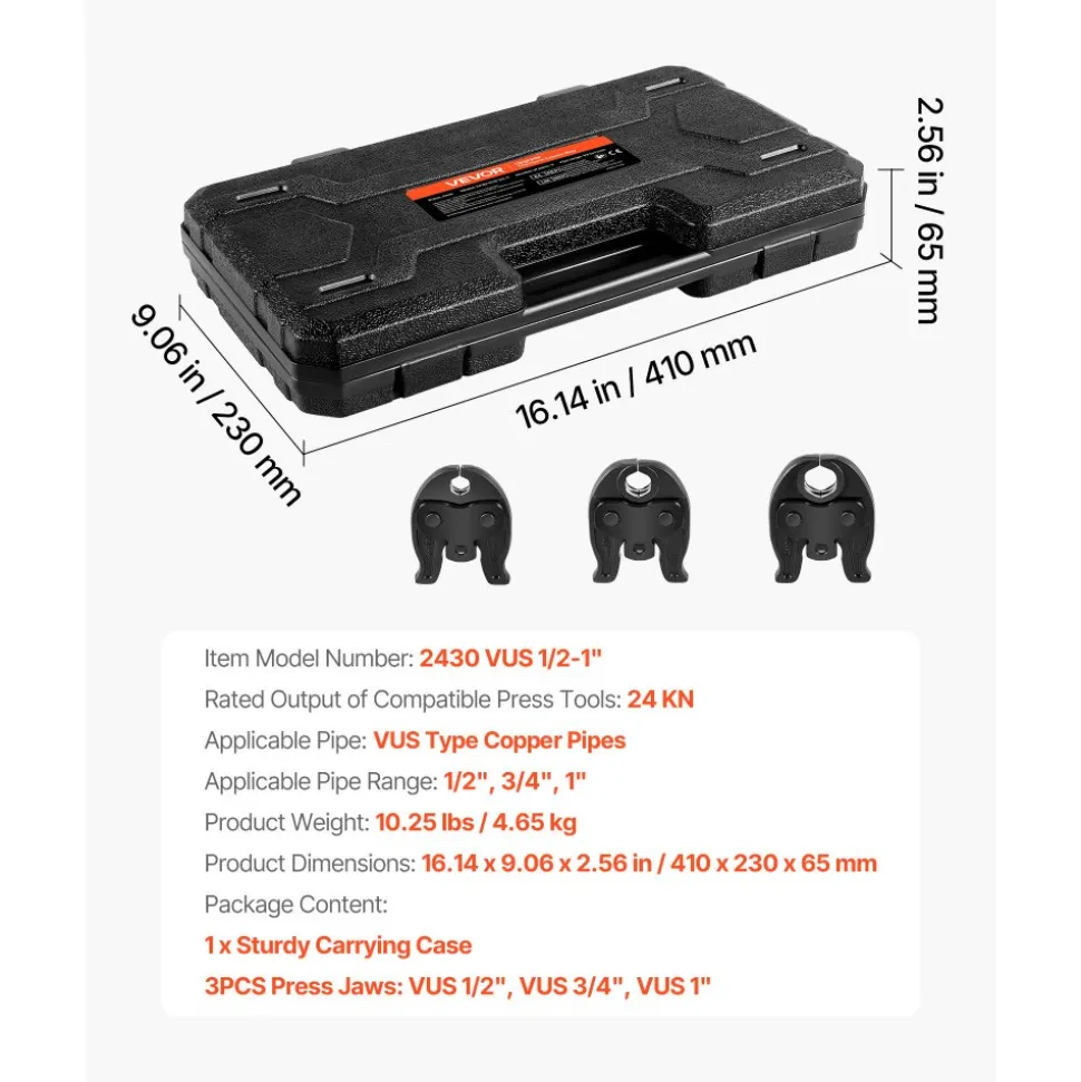 VEVOR VUS Press Jaws for 24KN Compact Series Press Tools, 3PCS Pressing Jaws 1/2", 3/4" & 1" - Compatible with ProPress Copper Pipes Connections, Includes Carrying Case