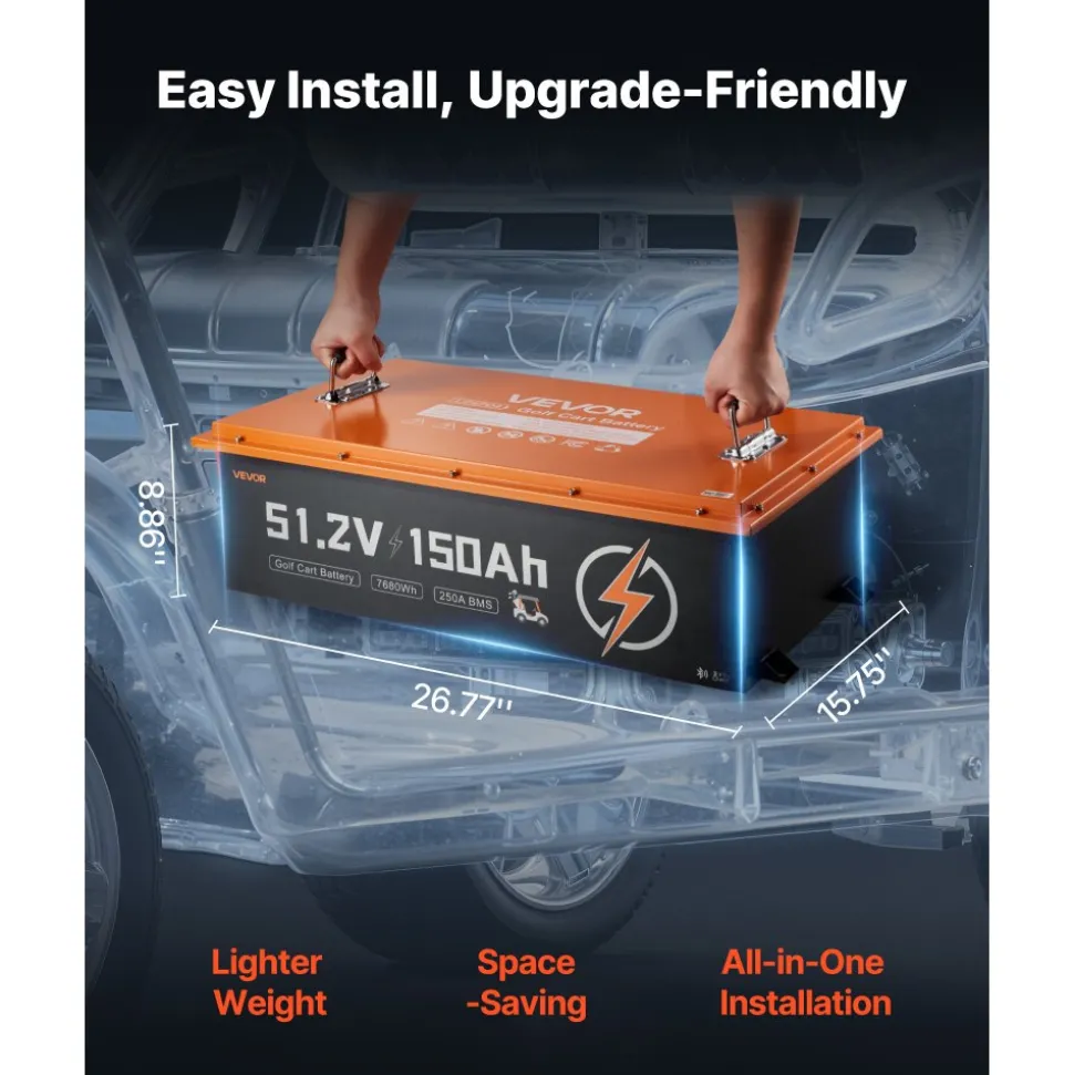 VEVOR 48V (51.2V) 150AH Lithium Golf Cart Battery, with 20A Charger, Lifepo4 Battery Kit, Built-in 250A BMS, with Bluetooth & Touch Monitor, 2C Discharge, 4000 Cycles, for Golf Carts, Trolling Motors