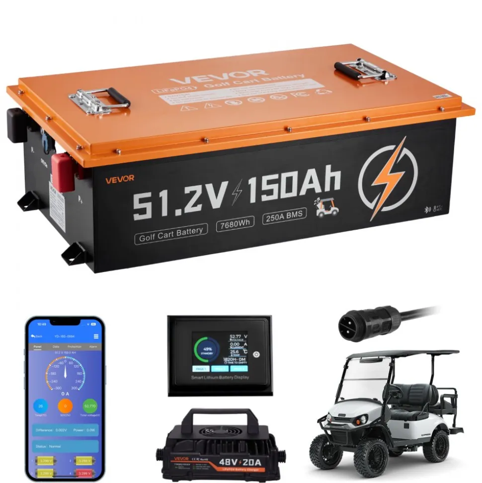 VEVOR 48V (51.2V) 150AH Lithium Golf Cart Battery, with 20A Charger, Lifepo4 Battery Kit, Built-in 250A BMS, with Bluetooth & Touch Monitor, 2C Discharge, 4000 Cycles, for Golf Carts, Trolling Motors