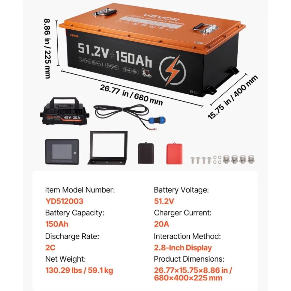 VEVOR 48V (51.2V) 150AH Lithium Golf Cart Battery, with 20A Charger, Lifepo4 Battery Kit, Built-in 250A BMS, with Bluetooth & Touch Monitor, 2C Discharge, 4000 Cycles, for Golf Carts, Trolling Motors