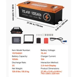 VEVOR 72V (70.4V) 105AH Lithium Golf Cart Battery, with 15A Charger, Lifepo4 Battery Kit, Built-in 200A BMS, with Bluetooth & Touch Monitor, 2C Discharge, 4000 Cycles, for Golf Carts, Trolling Motors