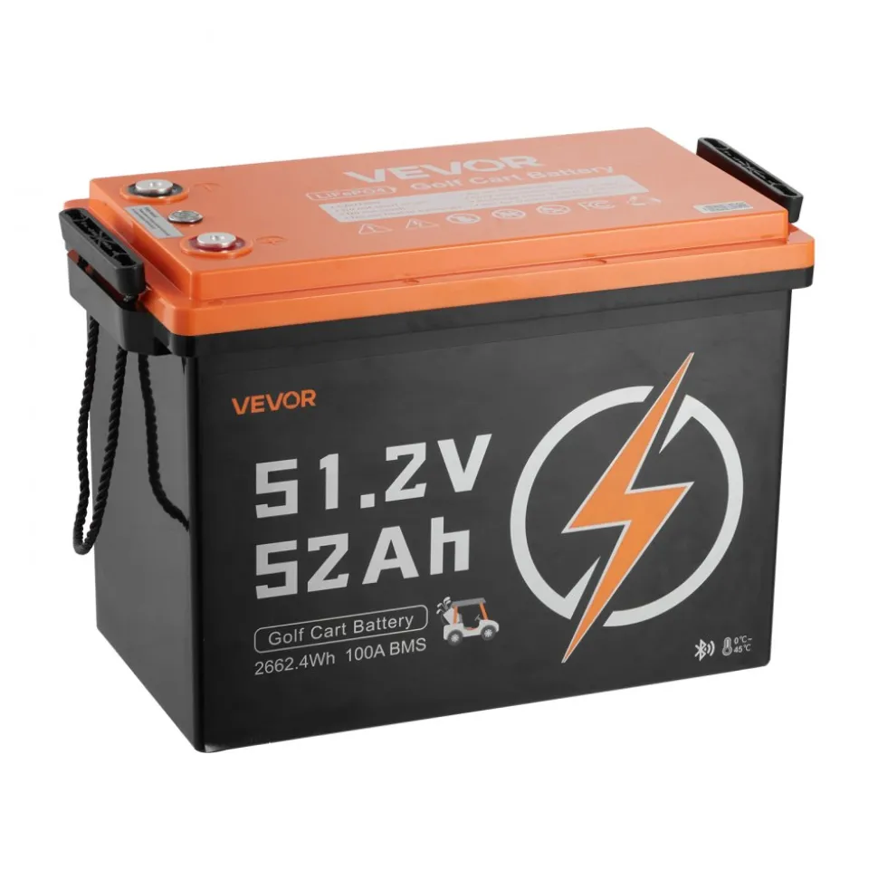 VEVOR 48V (51.2V) 52AH Lithium Golf Cart Battery, with 15A Charger, Lifepo4 Battery Kit, Built-in 100A BMS, with Bluetooth Mobile APP & Display Monitor, 4000 Cycles, for Golf Carts, Trolling Motors