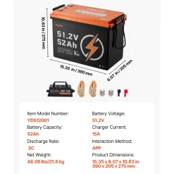 VEVOR 48V (51.2V) 52AH Lithium Golf Cart Battery, with 15A Charger, Lifepo4 Battery Kit, Built-in 100A BMS, with Bluetooth Mobile APP & Display Monitor, 4000 Cycles, for Golf Carts, Trolling Motors