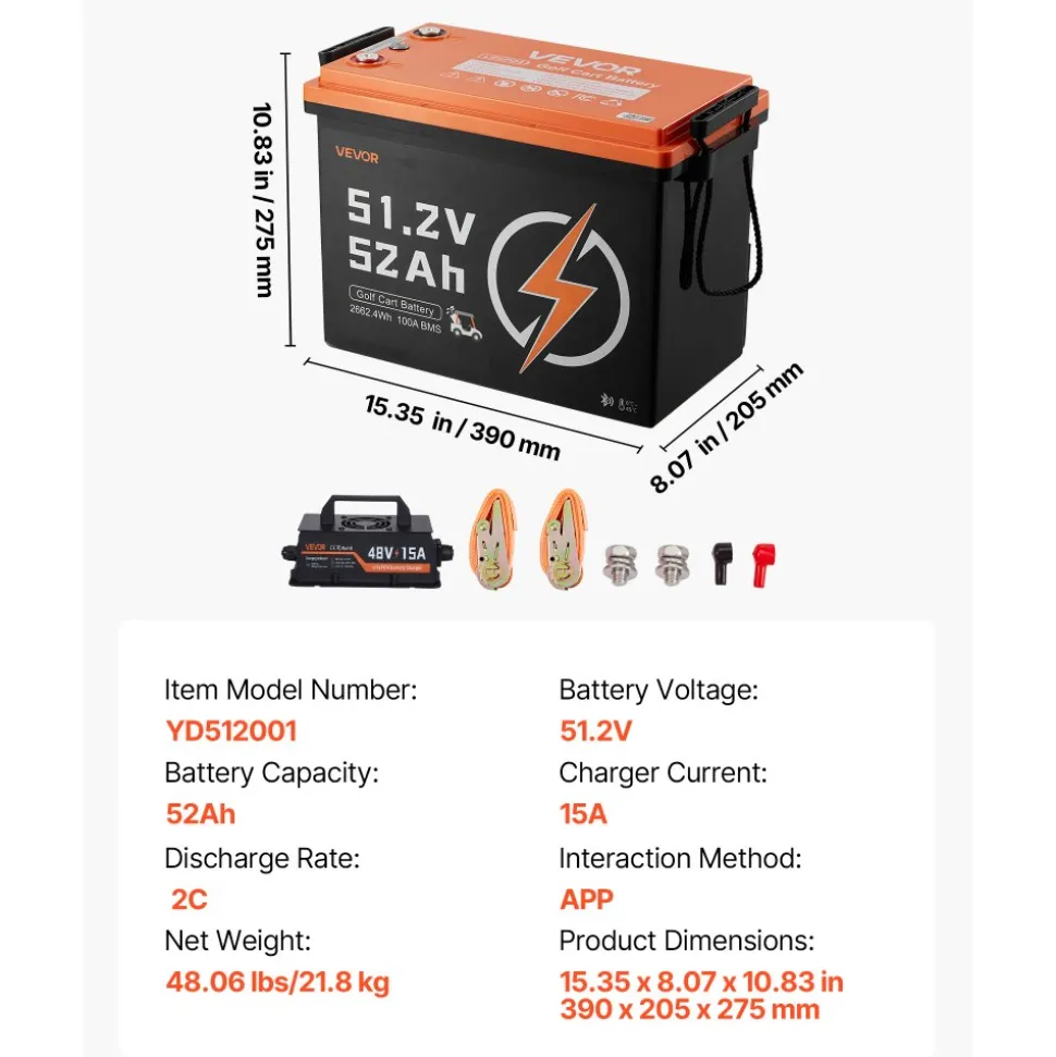 VEVOR 48V (51.2V) 52AH Lithium Golf Cart Battery, with 15A Charger, Lifepo4 Battery Kit, Built-in 100A BMS, with Bluetooth Mobile APP & Display Monitor, 4000 Cycles, for Golf Carts, Trolling Motors
