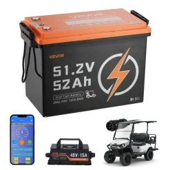 VEVOR 48V (51.2V) 52AH Lithium Golf Cart Battery, with 15A Charger, Lifepo4 Battery Kit, Built-in 100A BMS, with Bluetooth Mobile APP & Display Monitor, 4000 Cycles, for Golf Carts, Trolling Motors