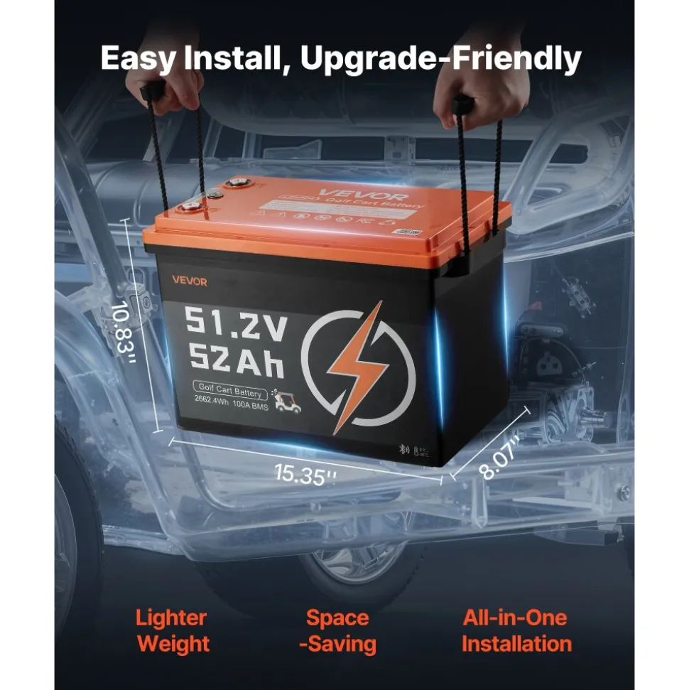 VEVOR 48V (51.2V) 52AH Lithium Golf Cart Battery, with 15A Charger, Lifepo4 Battery Kit, Built-in 100A BMS, with Bluetooth Mobile APP & Display Monitor, 4000 Cycles, for Golf Carts, Trolling Motors