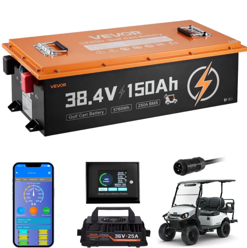 VEVOR 36V (38.4V) 150AH Lithium Golf Cart Battery, with 25A Charger, Lifepo4 Battery Kit, Built-in 250A BMS, with Bluetooth Mobile APP & Touch Monitor, 4000 Cycles, for Golf Carts, Trolling Motors