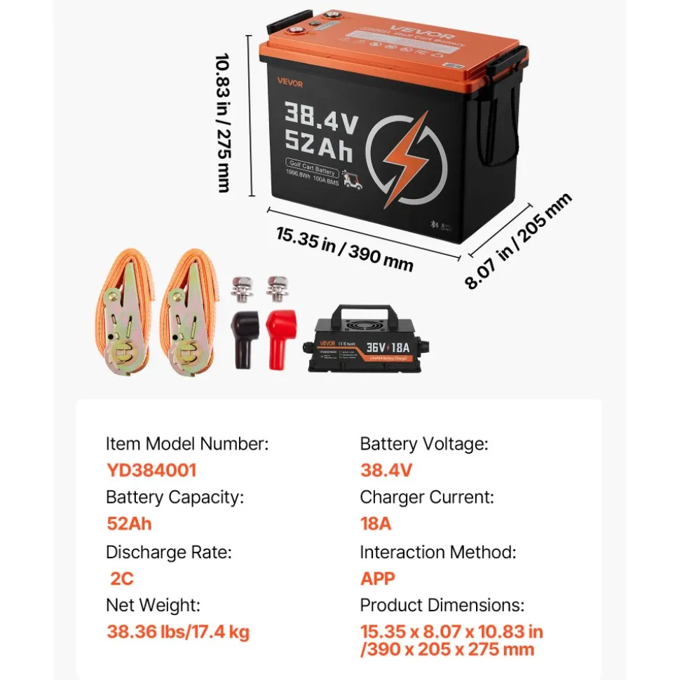 VEVOR 36V (38.4V) 52AH Lithium Golf Cart Battery, with 18A Charger, Lifepo4 Battery Kit, Built-in 100A BMS, 4000 Cycles, 2C Discharge Rate, Bluetooth & Mobile APP, for Golf Carts, Trolling Motors